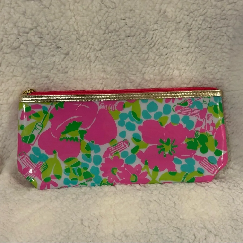Lilly Pulitzer For Estee Lauder Vinyl Makeup Bag Floral Pink Green Zipper Pouch